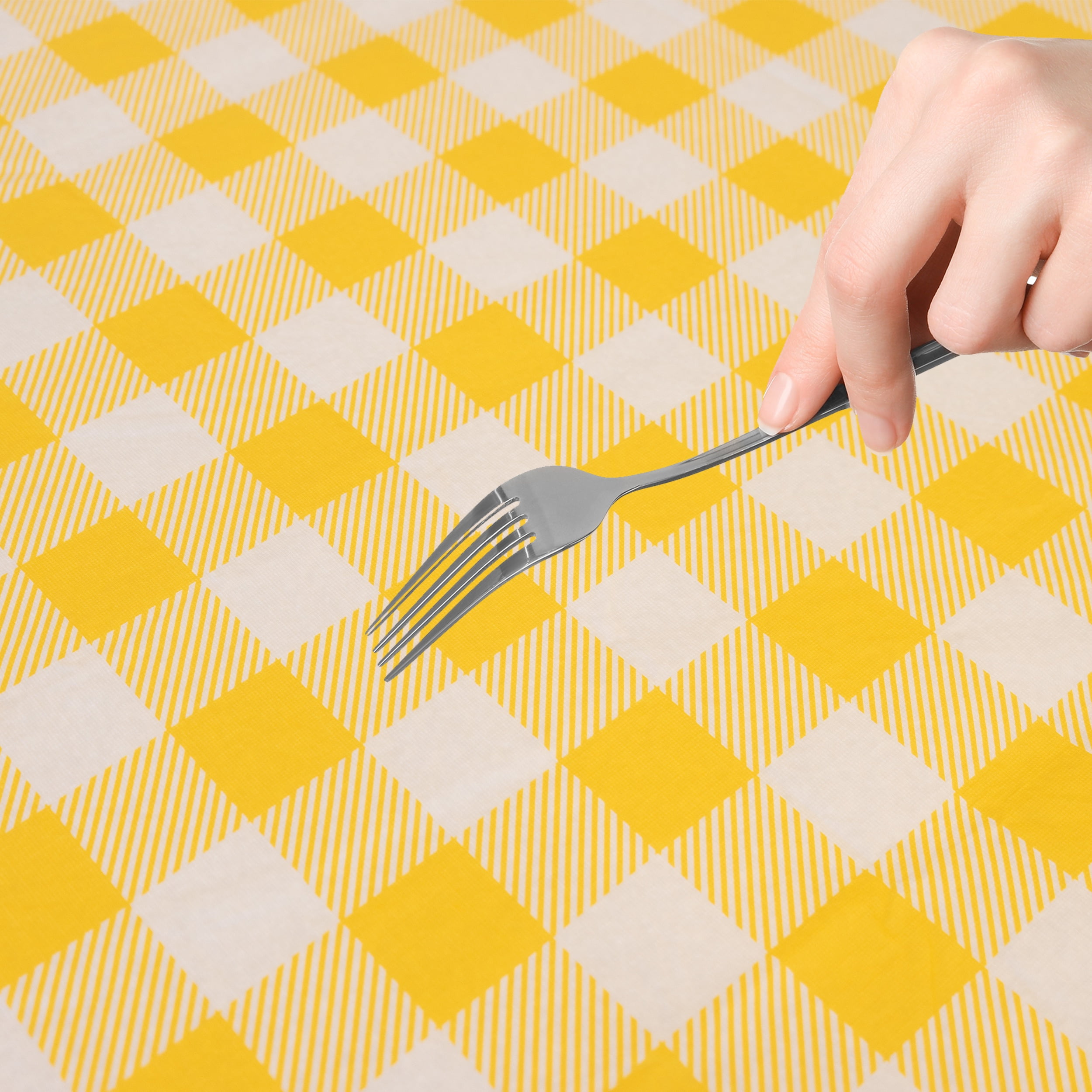 Waverly Inspirations Rectangular Elastic Fitted Table Cover Waterproof Vinyl Tablecloth With Flannel Backing, 6Ft Table, 72" x 30", Gingham Yellow, 8 PK