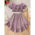 thumbnail image 4 of Franhais Baby Girls 2PCS Plain Outfits, Short Sleeve Ruffle Off-Shoulder Hollow Tops, Irregular Midi Skirt, Toddler Ruched Summer Outfits, 4 of 9