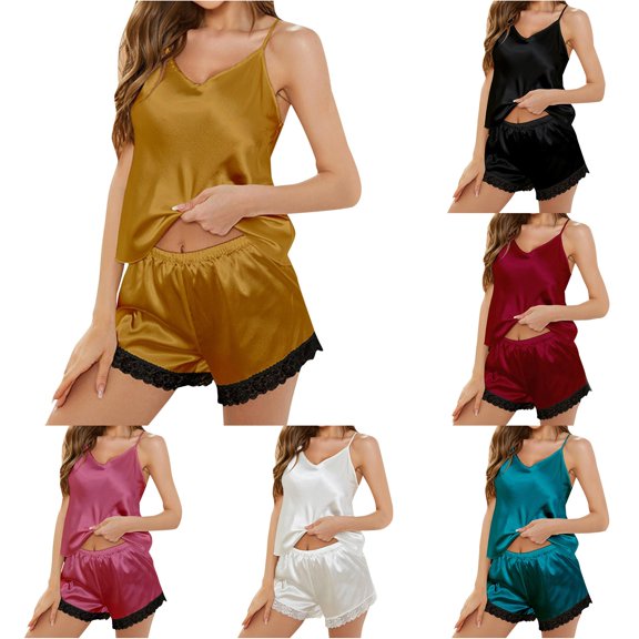 HCYSFG Women's Solid Satin Pajama Sets 2 Piece V Neck Lace Trim Slim Fit Sleeveless Cami Top With Shorts Sleepwear Lounge Set