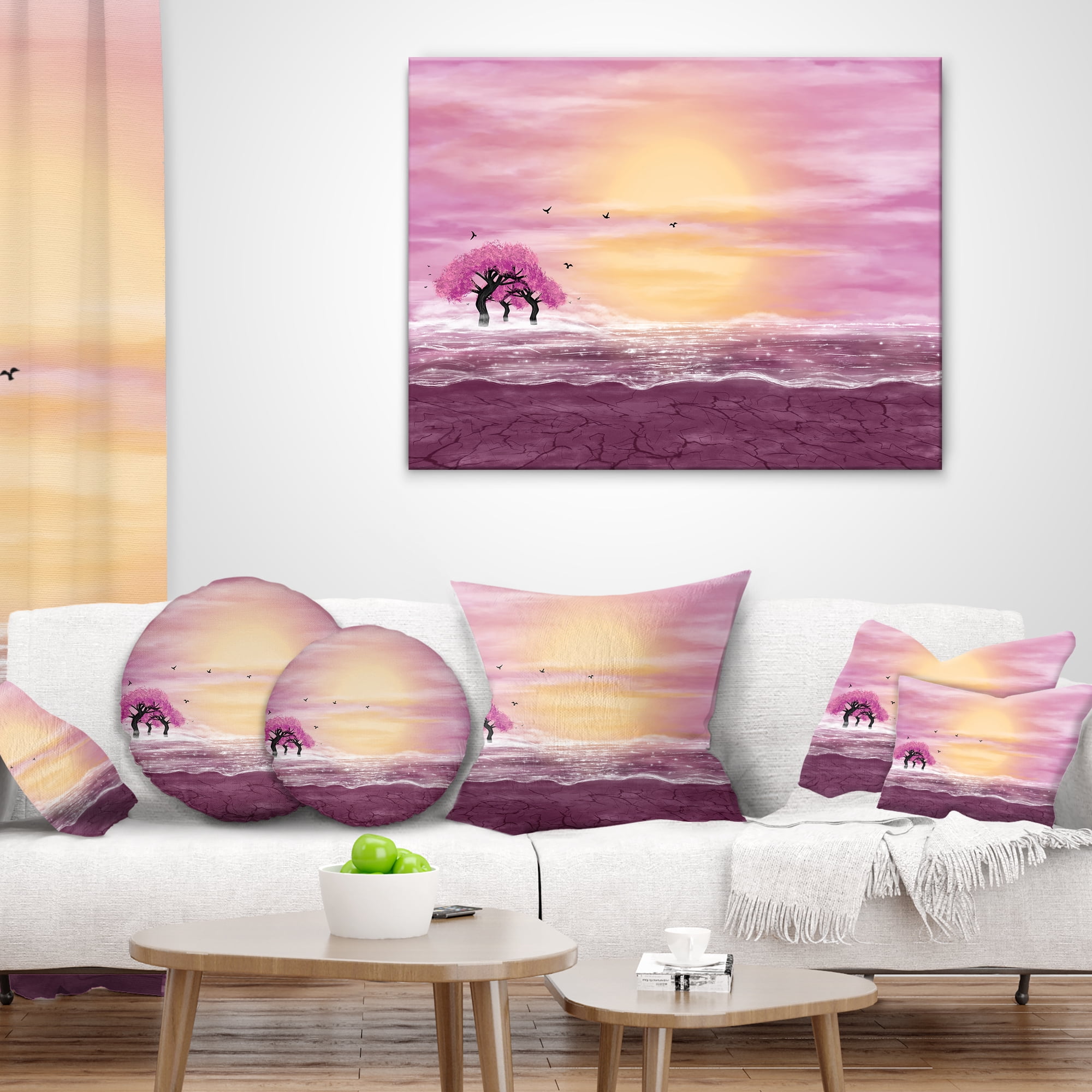 Designart Water and Pink Trees in Desert - Landscape Printed Throw Pillow - 18x18