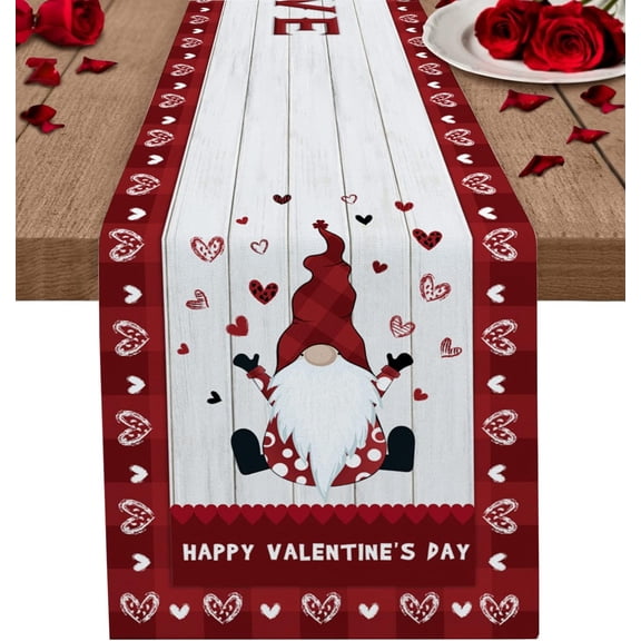 Valentine''s Day Cute Gnome 90 Inches Long Table Runner for Dining Room, Rustic Wood Cotton Linen Tablecloth Runners, Farmhouse Table Setting Decor for Wedding Party Holiday Home, Machine Washable.