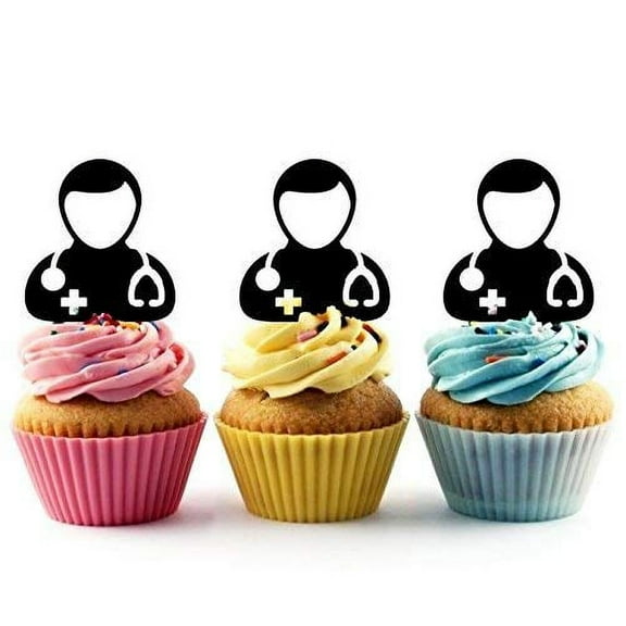 Male Doctor Physician Silhouette Acrylic Cupcake Toppers 12 pcs