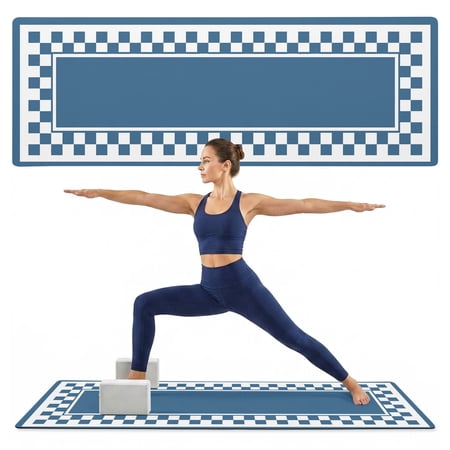Yoga Mat Blue Squares Yoga Mats with Strap & Shortage Bag Non Slip Workout Mats Absorbent Cushion Pad Modern Block Checkered Border Exercise Mat for Yoga Pilates Stretching Home Gym 68 x24