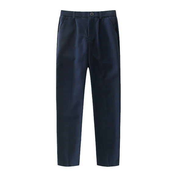 PMVFHDE Boys' Elastic Waist Flat Front Dress Pants - Adjustable School Uniform Pants, Comfortable Fit Slim/Straight Cut Navy,7-8 Years