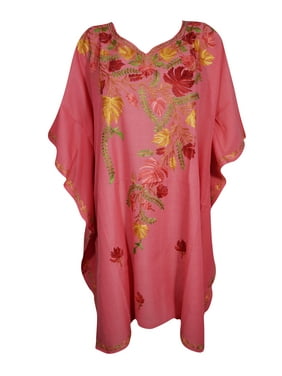 Mogul Womens Pink Short Kaftan Dress Floral Embroidered Cover Up Caftan Lounge wear 3X