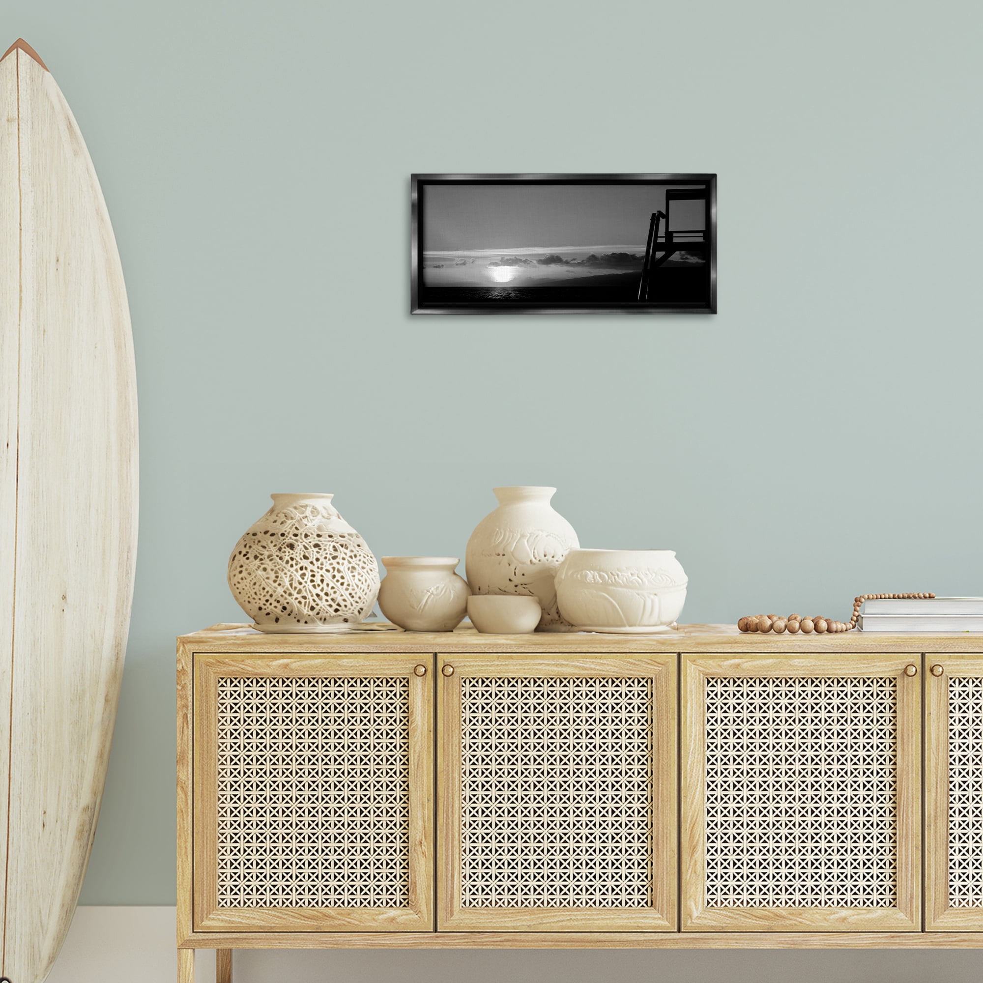 Stupell Industries Sunlit Lifeguard Station Landscape & Nature Photography Black Floater Framed Canvas Art Print Wall Art, 25 x 11