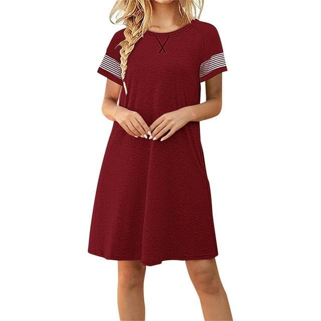 Pompotops Mode Femmes Casual Rayé Imprimé à Manches Courtes O-Cou Solide Robe