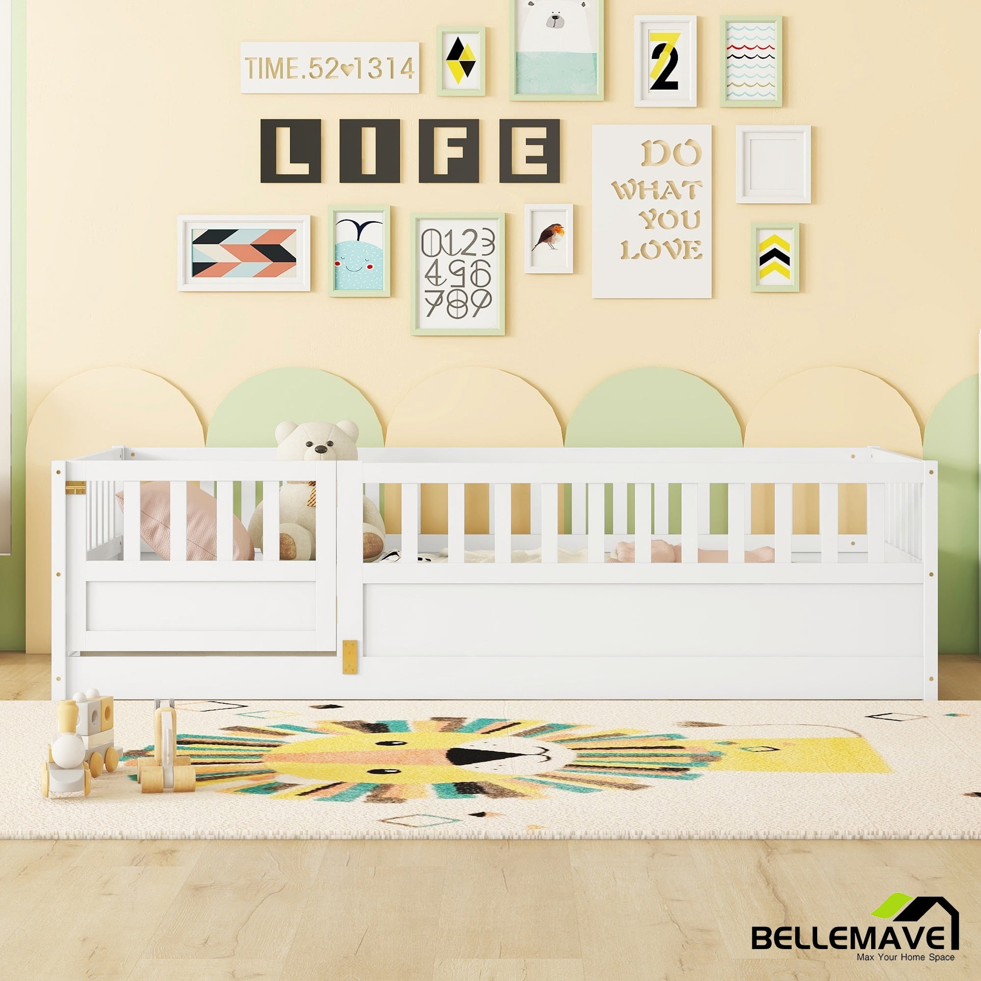 Bellemave Twin Size Floor Bed with Door and High Fence Guardrails Floor Bed without Bed Slats Wooden Floor Bed Montessori Bed Frame (Twin, White, Without Slats)