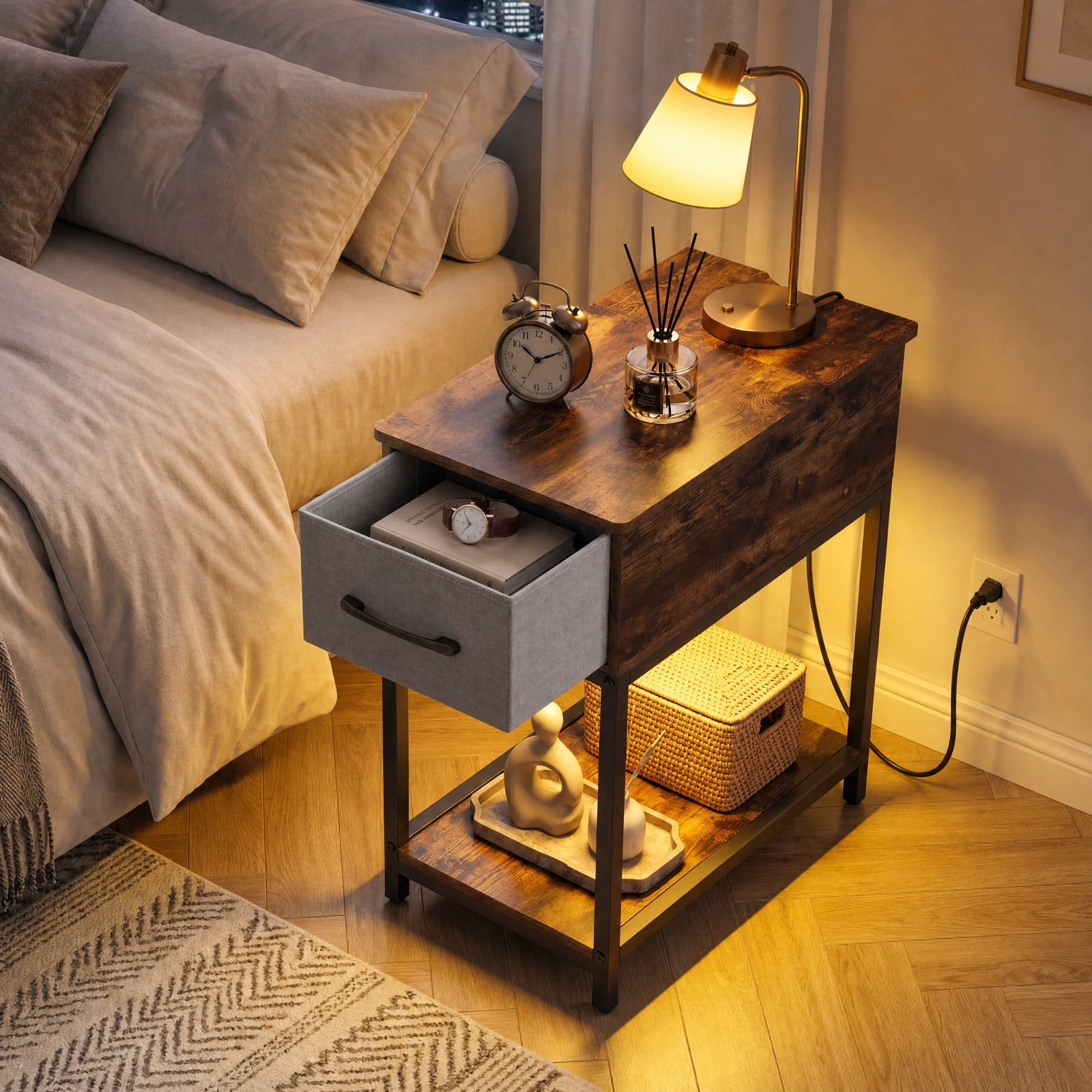 Furnibear Narrow Side Table with Charging Station LED Lights and Fabric Drawer Industrial End Table for Living Room Bedroom Sofa Side, Brown