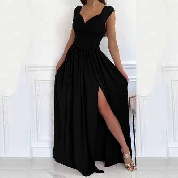 Yuwull Womens Formal Dresses Wrap V-Neck Cocktail Dress for Women Ruched Side Split Bridesmaid Wedding Guest Maxi Dresses Black