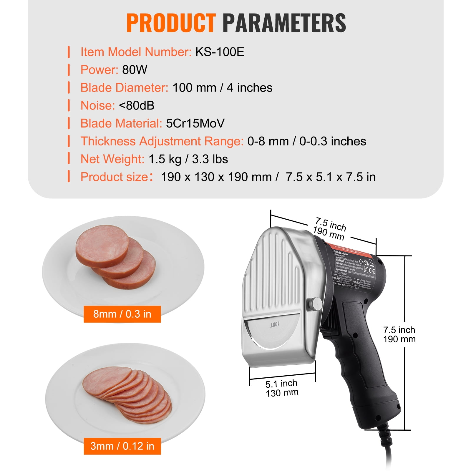 VEVOR Electric Shawarma Knife,80W Professional Turkish Kebab Knife, Commercial Stainless Steel Gyro Cutter,Doner Kebab Meat Slicer with 2 Blades,Φ4"/100mm Blade Diameter,0-8mm Adjustable Thickness