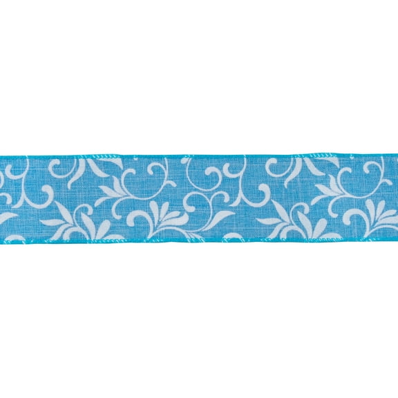 Northlight Blue with White Floral Design Wired Craft Ribbon 2.5" x 10 Yards
