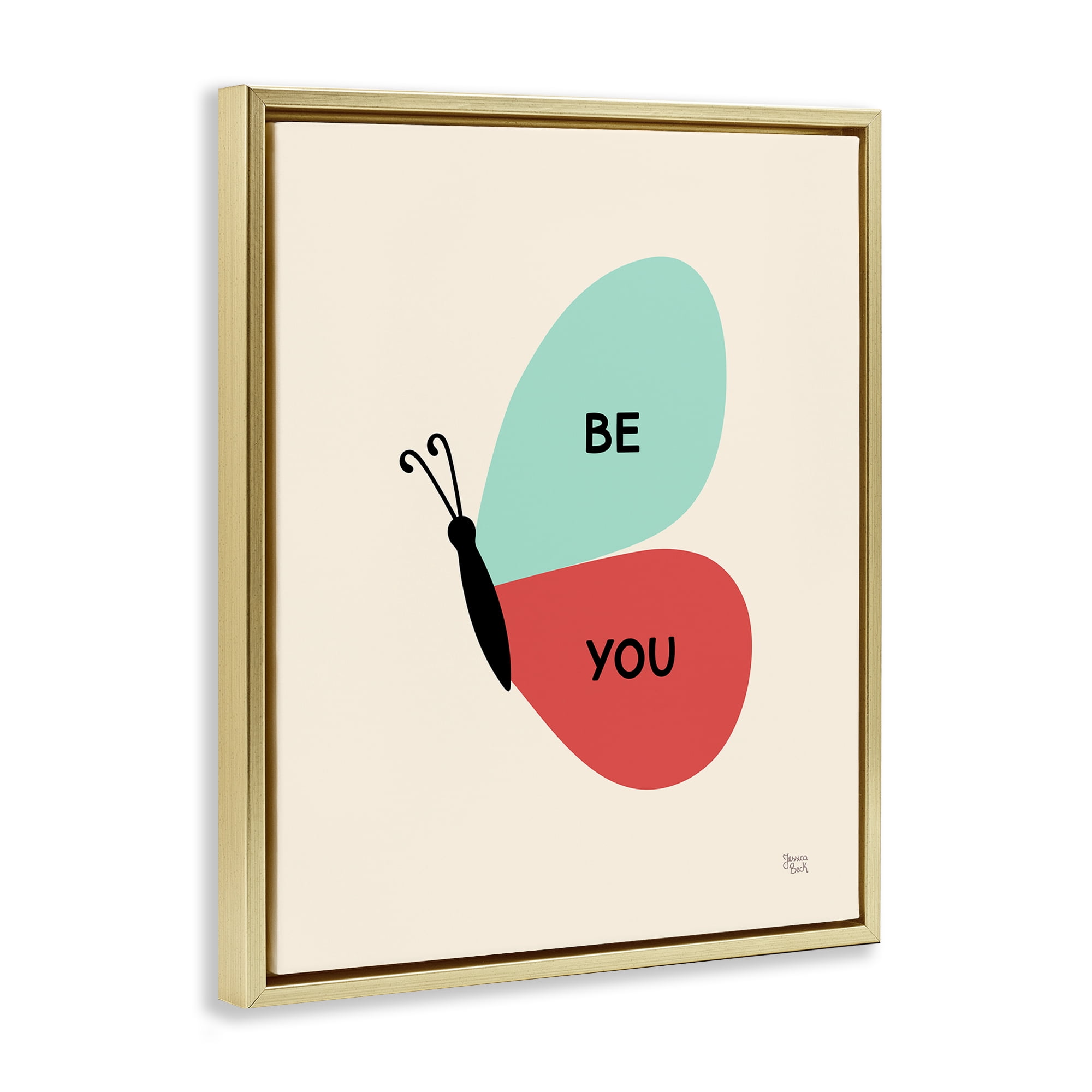 Stupell Industries Be You Simple Butterfly Animals Painting Gold Floater Framed Canvas Art Print Wall Art, 25 x 31