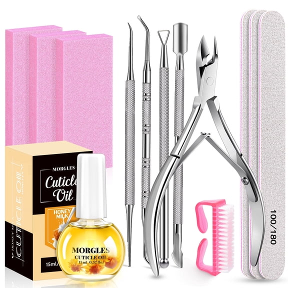 MORGLES 13 Pcs Nail Care Kit, Complete Nail Care & Manicure Set with Nail File, Buffer Block, Cuticle Nipper & Milk Honey Cuticle Oil