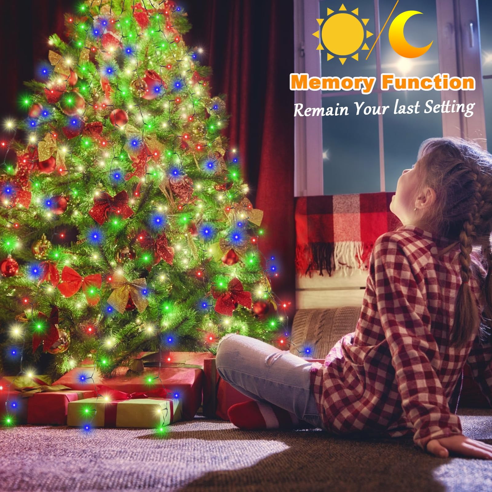 Christmas Tree Lights with Ring, Christmas String Lights for Tree, 8.2ft 16 Line 480 LED Christmas Light with 11 Modes and Timer, Xmas Fir Pine Party Decoration for Outdoor Indoor, Multicolor