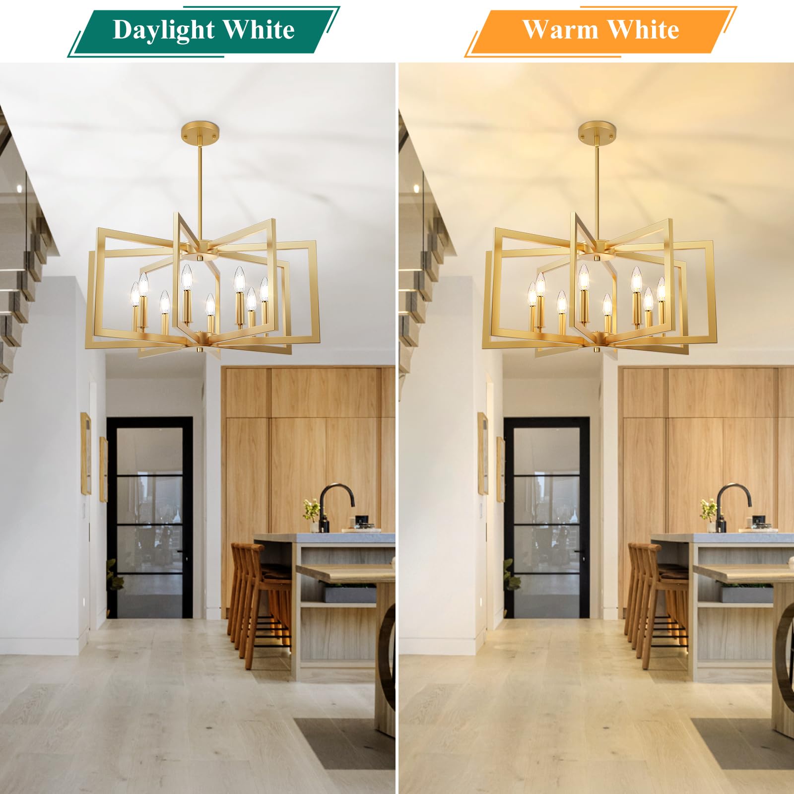 Nordic Hygge 8-Light Farmhouse Dining Room Modern Chandelier, Gold