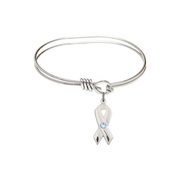 5 3/4 inch Oval Eye Hook Bangle Bracelet w/ Cancer Awareness medal charm w/ March Blue Swarovski Crystal