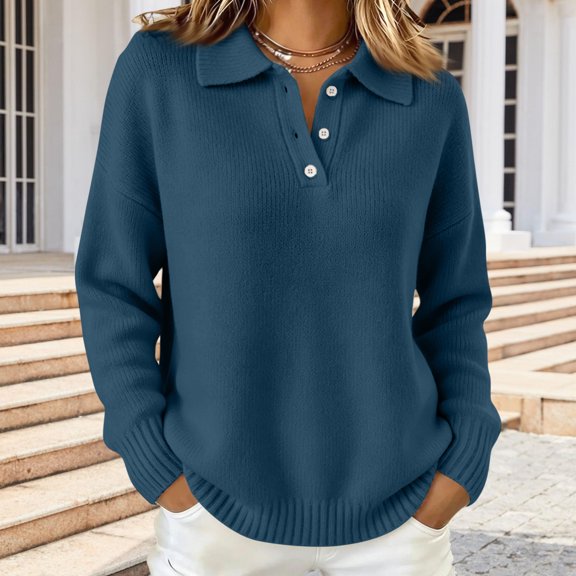Women's Cropped Sweater Polo Collared Button up Long Sleeve Pullover Sweaters