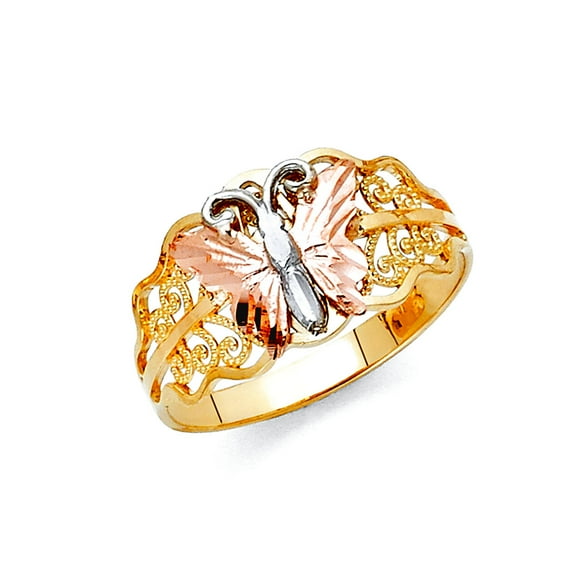 14k Yellow Gold White Gold and Rose Gold Fancy Butterfly Angel Wings Ring Size 7 Ring for Women