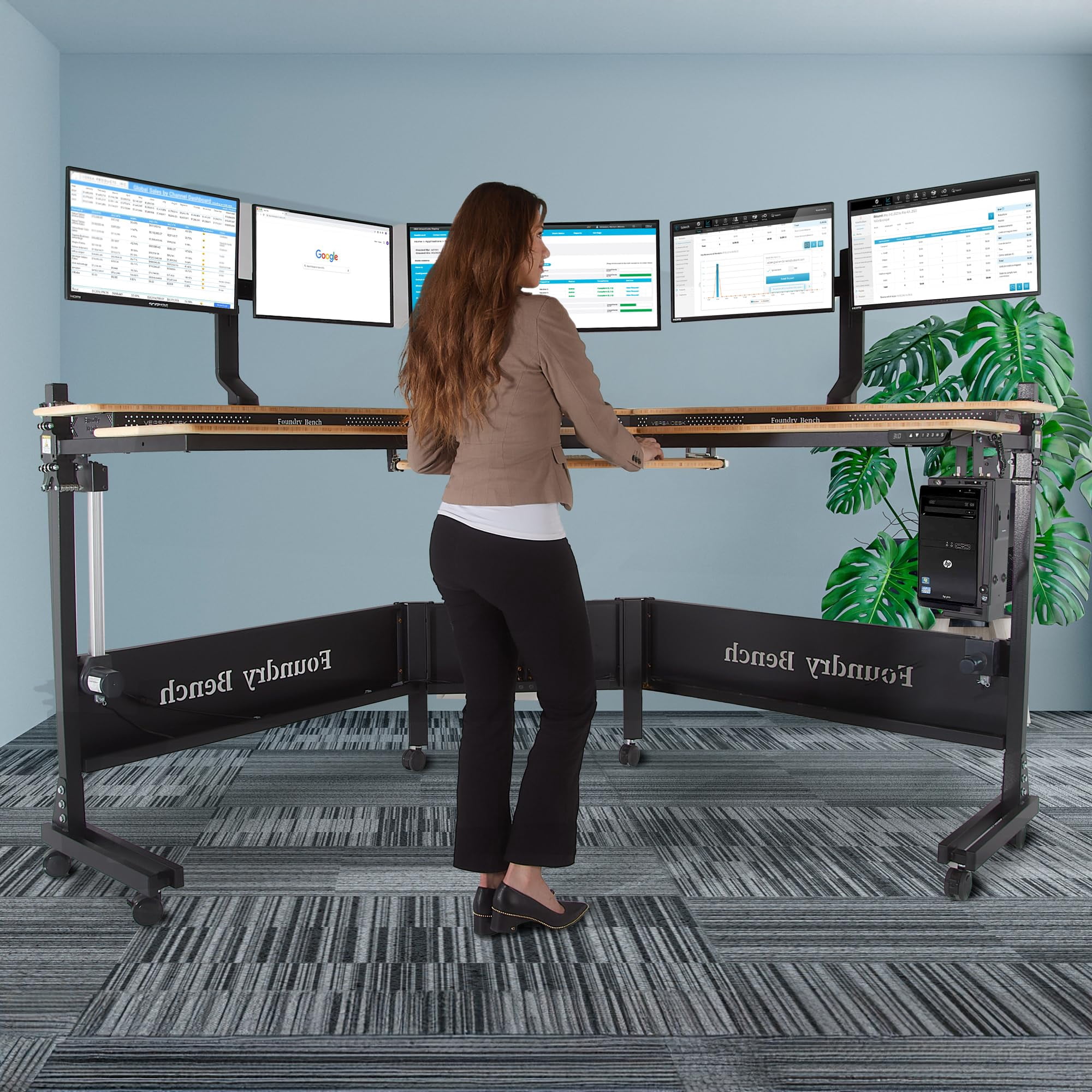 VERSADESK® Foundry Bench L-Shaped Electric Standing Desk, 1" Bamboo Surface, USB/USBC Ports, Mobile App Controllable | Natural Bamboo, ( 80" x 80" )