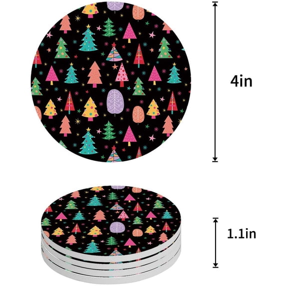 FMSHPON Merry Christmas Decor Xmas Tree Set of 8 Round Coaster for Drinks, Absorbent Ceramic Stone Coasters Cup Mat with Cork Base for Home Kitchen Room Coffee Table Bar Decor