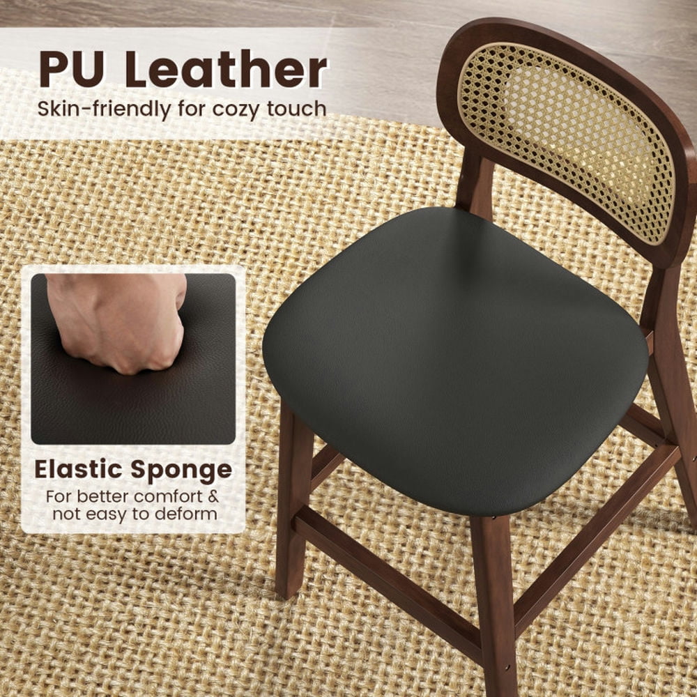 Demi Bonn Wood Bar Stool with PE Rattan Backrest Padded Seat and Footrest, Modern Kitchen Dining Chair, Brown