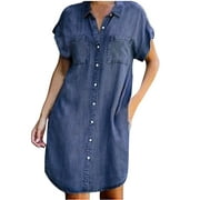 OAVQHLG3B Summer Denim Shirt Dresses for Womens Short Sleeve Loose Jean Midi Dress Button Down Casual Shift Dress Tunic Top