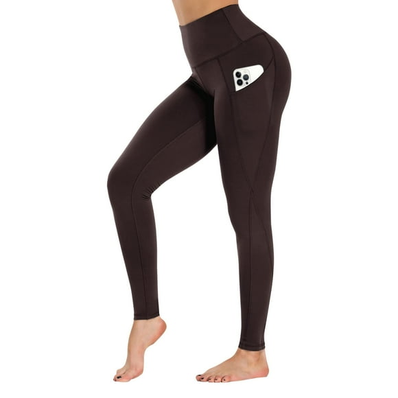 GAYHAY Leggings with Pockets for Women - 19" / 25" Yoga Pants High Waist Tummy Control Compression for Workout Brown