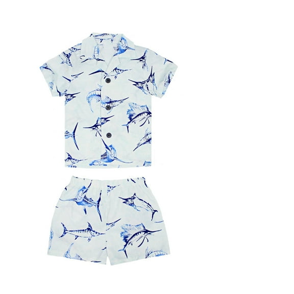 Boy Hawaiian Aloha Luau Shirt and Shorts 2 Piece Cabana Set in Blue Marlin Fish 2