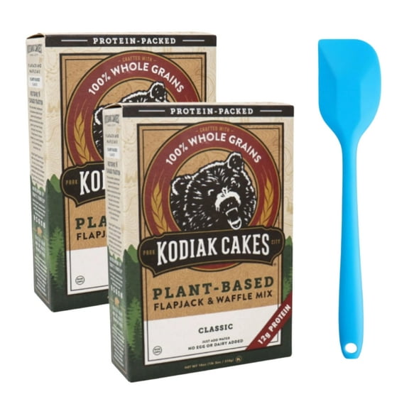 Kodiak Cakes Plant-Based Classic Flapjack & Waffle Mix, 18 oz (2 pack) and 8in Silicone Spatula (Color Varies)