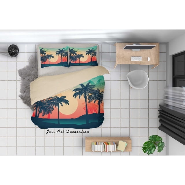 3D Cartoon Coconut Tree Sunset Funda Nórdica Juego de Cama Funda Nórdica
