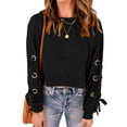 thumbnail image 1 of Jersey de mujer Camisa corta con cordones Manga larga Cuello redondo Hombro caído Túnica de otoño suelta para otoño Primavera Negro M, 1 of 5