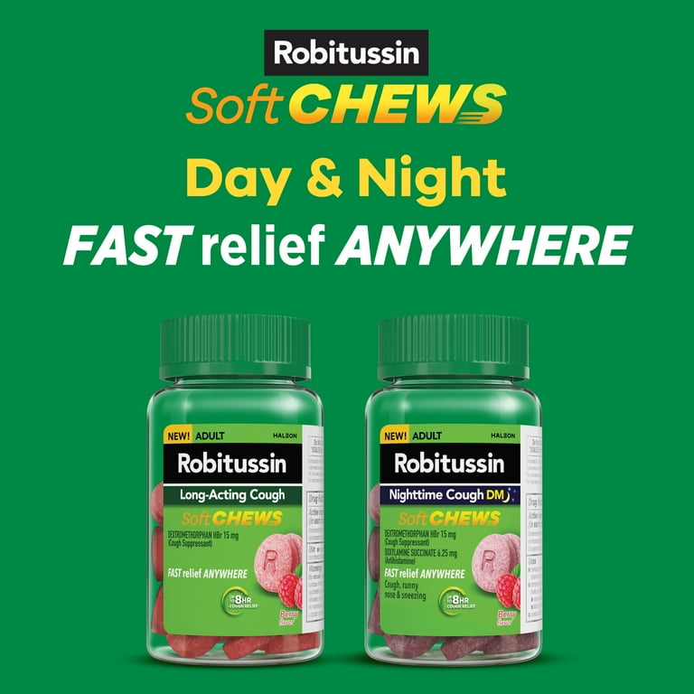 Robitussin Soft Chews Nighttime Cough Dm Adult Formula Berry Flavor 20Ct Chewable Tablets Walmart