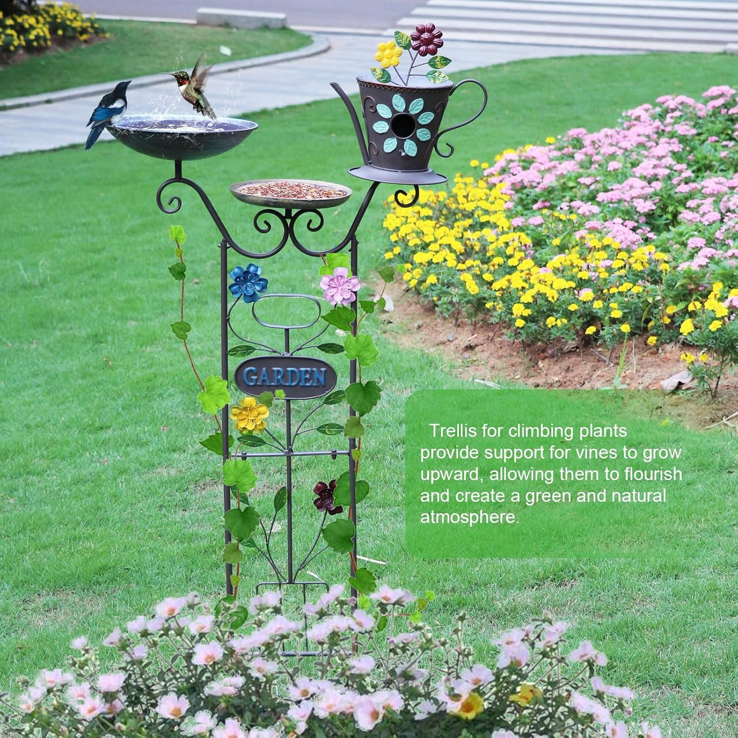 50.5" H Bird Bath and Metal Birdhouses for Outdoors,Metal Standing Bird Bath Feeder and Climbing Plant Trellis 4-in-1,Garden Yard Decor