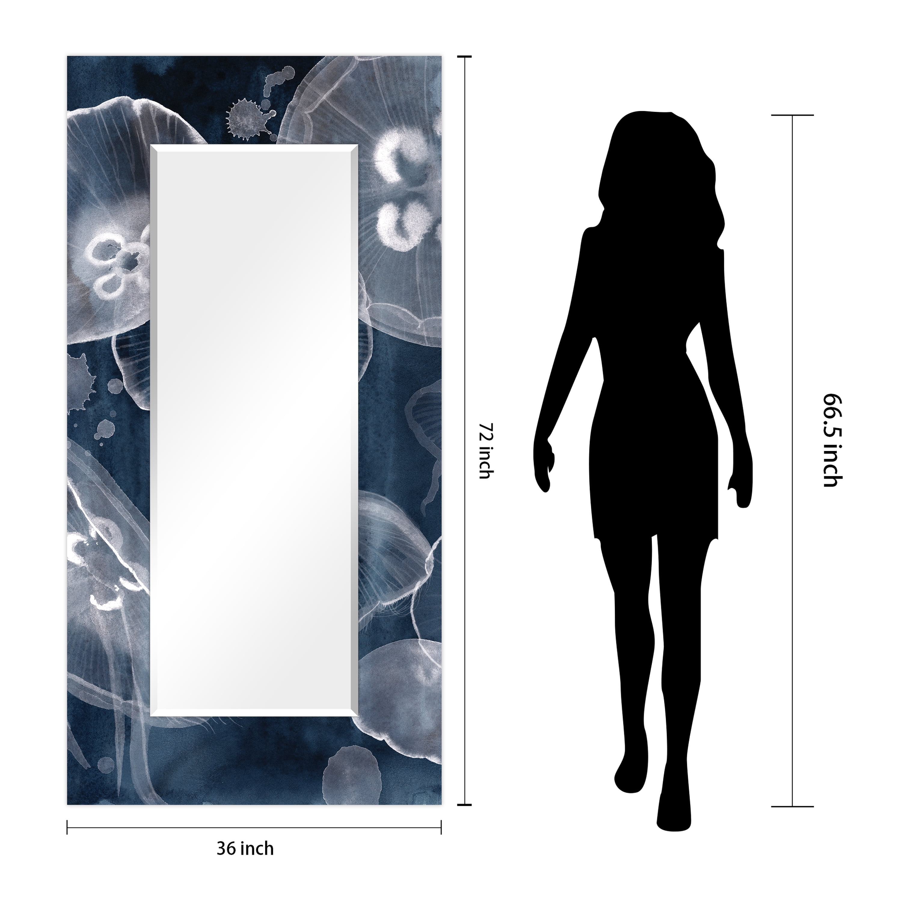 Empire Art Direct Moon Jellies Rectangular Beveled Mirror on Free Floating Reverse Printed Tempered Art Glass, 72" x 36" x 0.4", Ready to Hang