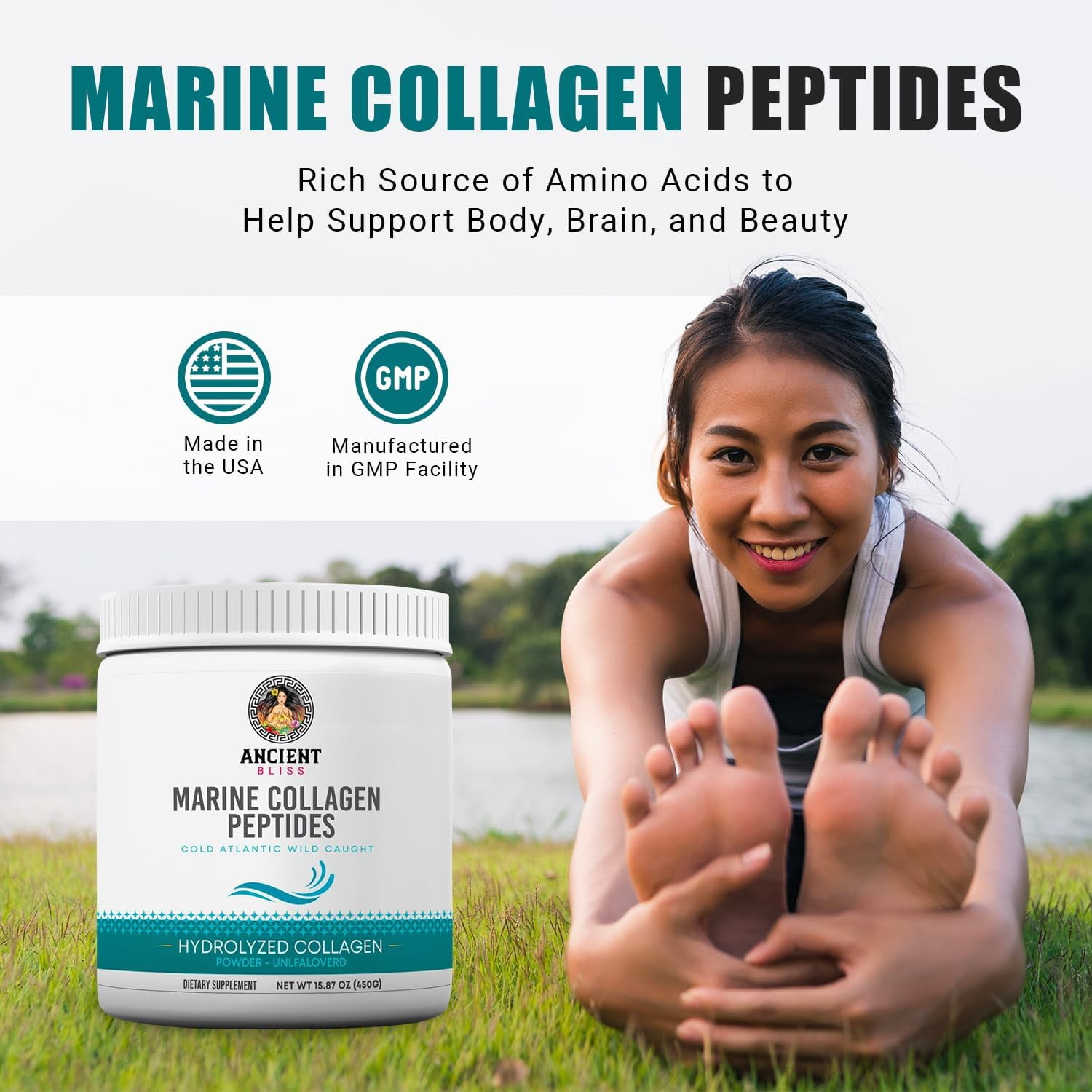 Ancient Bliss Wild-Caught Marine Fish Collagen Peptides Powder, Flavorless, Gluten-Free, 15.87 oz