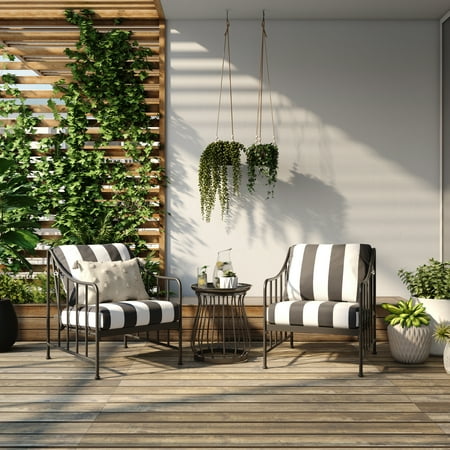 better homes & gardens aubrey 3-piece outdoor steel stationary chat set, stripe color cushion