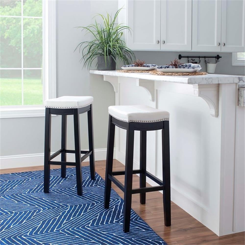 Linon Claridge Backless Wood Bar Stool, 32.5" Seat Height, Black Finish with White Faux Leather Fabric