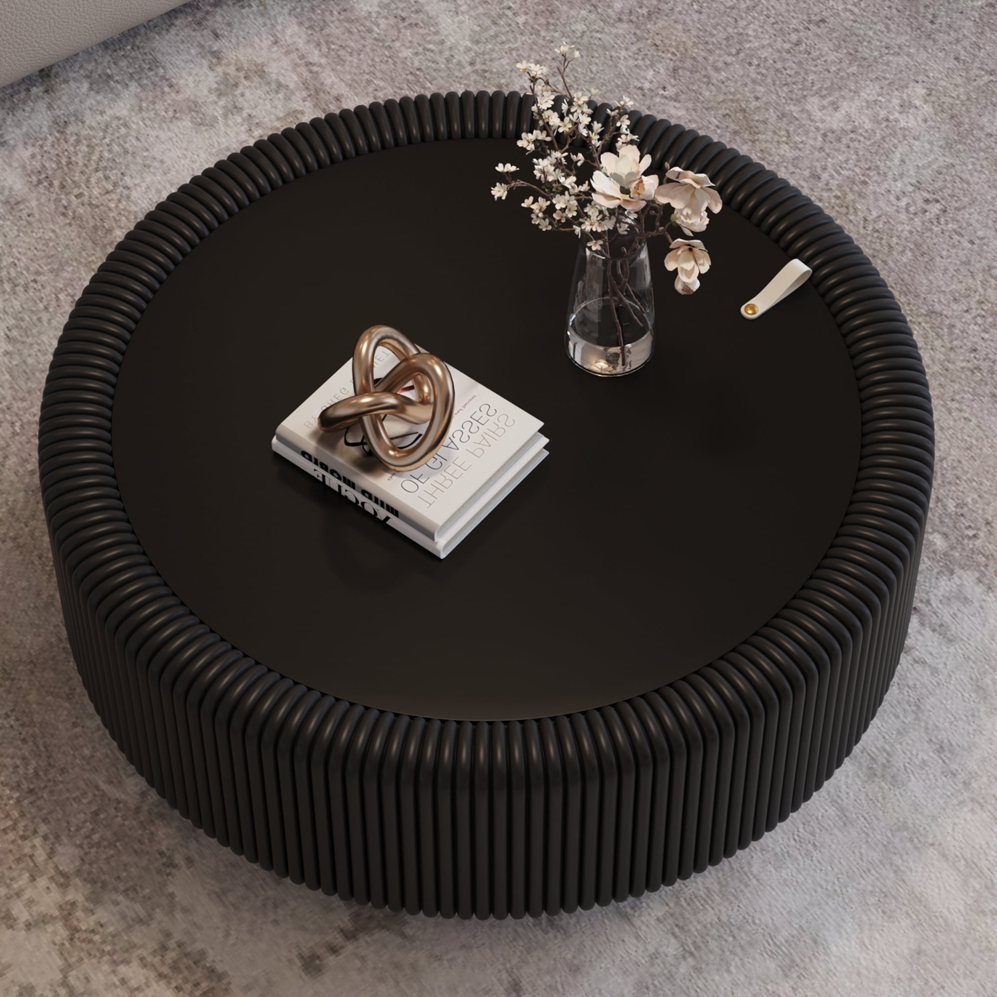 Leumius Round Fluted Coffee Table with Tempered Glass Top, PU Leather Body , Baked Enamel Metal Base & Hidden Storage , Modern Minimalist Accent Table for Living Room Black