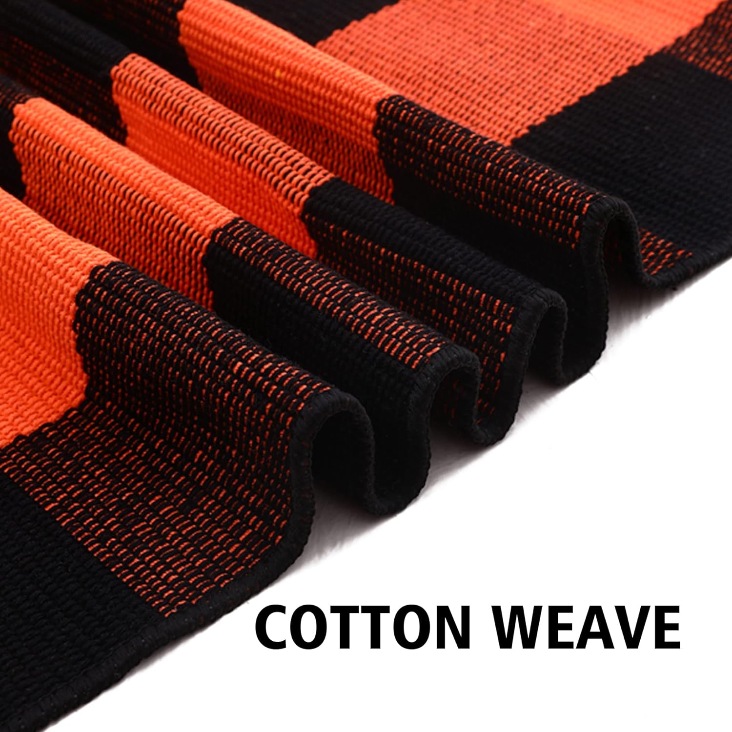 OMA Fall Plaid Rug 28" x 43", Orange and Black Buffalo Check Front Porch Outdoor Layered Doormat, Cotton Hand-Woven Washable Rug for Halloween Thanksgiving Autumn Decor