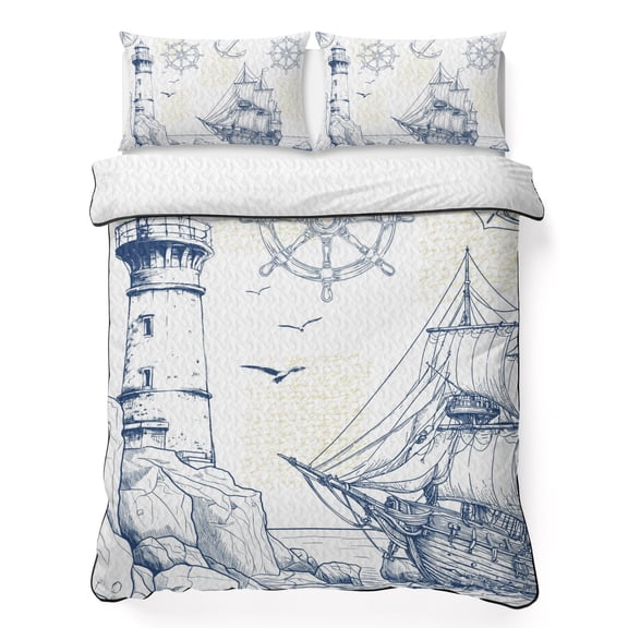 Twin XL Quilt Set 68''x98'', Nautical Ship Lighthouse Lightweight Bedspread Coverlet Set with 2 Pillow Shams, Ocean Anchor Rudder Lines Art Breathable All Season Quilt Bedding for Dorm/Guest Room