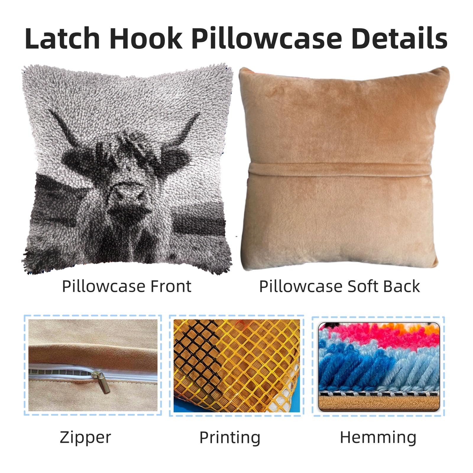 Black and White Highland Cattle DIY Latch Hook Pillow Kits for Adults Printed Pillowcase Crochet Yarns Hooking Handmade Pillow Cover Cushion for Home Sofa Decoration 17x17inch(1)