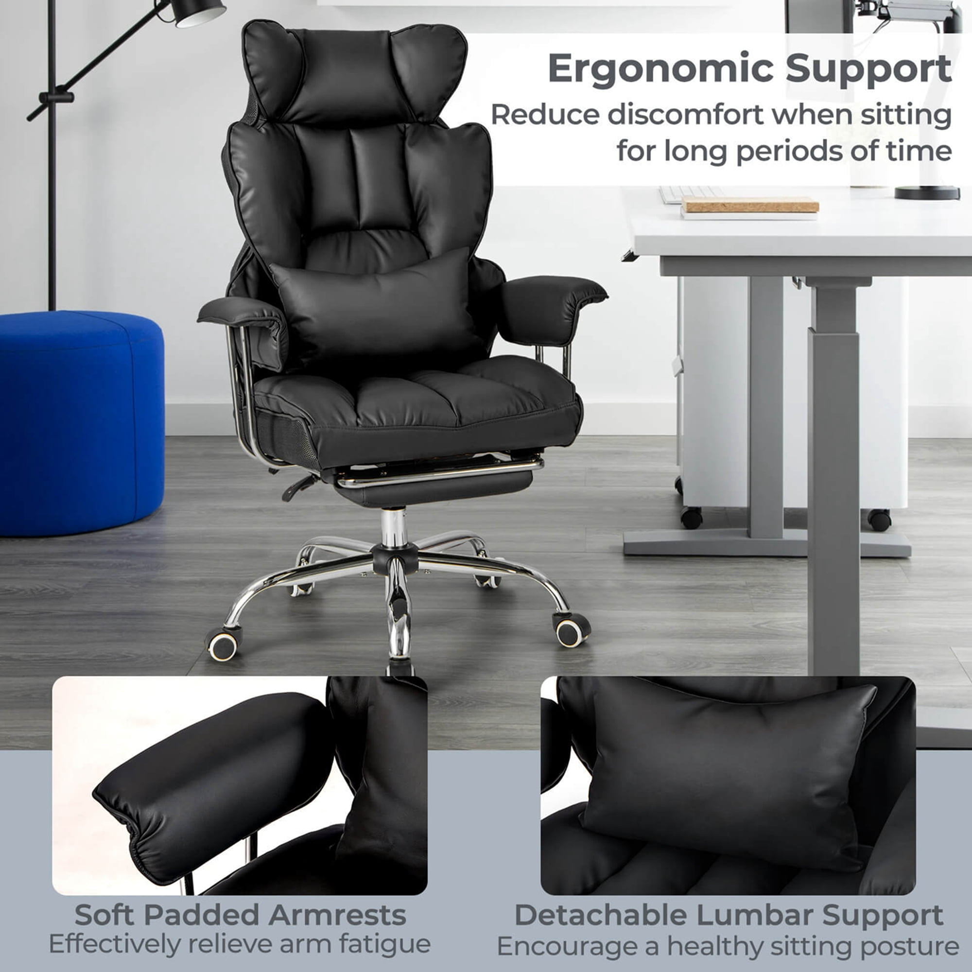 Costway Office Desk Chair Big and Tall Executive Office Chair with Footrest Lumbar Support Black