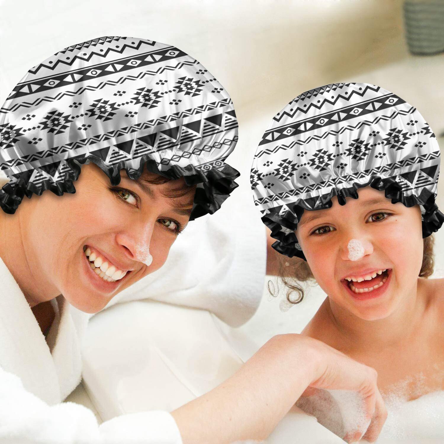 Shower Caps,Black Geometric Striped Pattern Waterproof Shower Cap for Women 4 Pieces,Double Reusable Hair Cover for Shower PEVA Elastic Stretch Hem