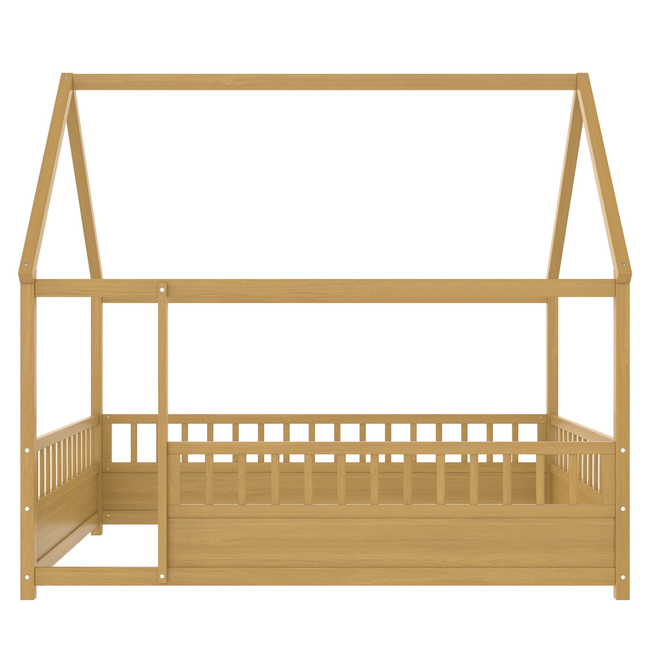 Noble House Full Size Floor Bed with House Roof Frame and 20" Safety Guardrails, Natural