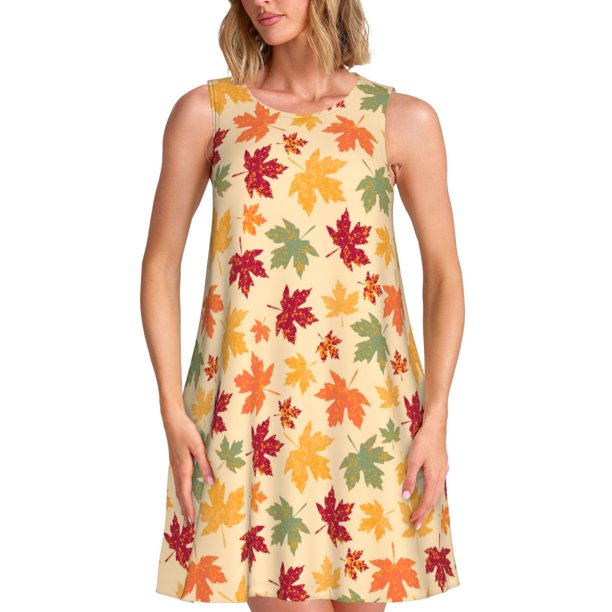 Disketp Autumn Maple Leaves para Vestido sin Mangas para Mujeres, Vestidos de Verano para Mujeres, Casual y Holgado para la Playa