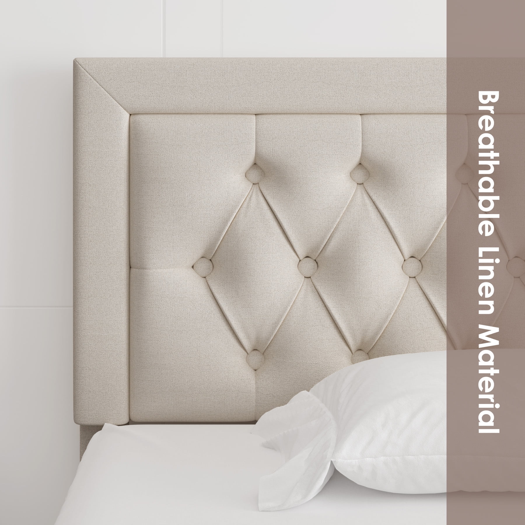 Homfa Queen Size Bed Frame with Storage, Linen Upholstered Platform Bed with 2 Storage Drawers & Adjustable Button Headboard, Beige
