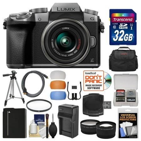 - Panasonic Lumix DMC-G7 4K Wi-Fi Digital Camera & 14-42mm Lens (Silver) with 32GB Card + Case + Battery & Charger + Tripod + Tele/Wide Lenses Kit