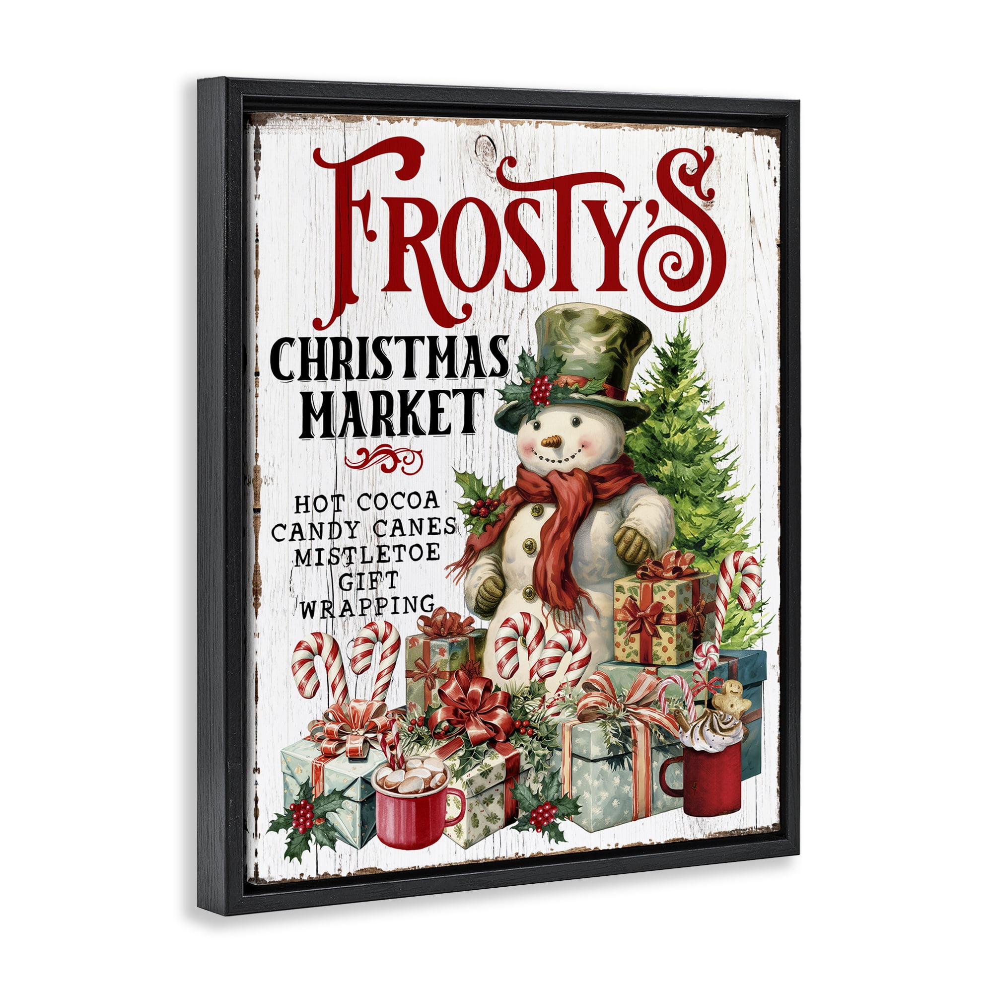 Stupell Industries Frosty's Christmas Market Holiday Painting Black Floater Framed Canvas Art Prints Wall Art, 25 x 31