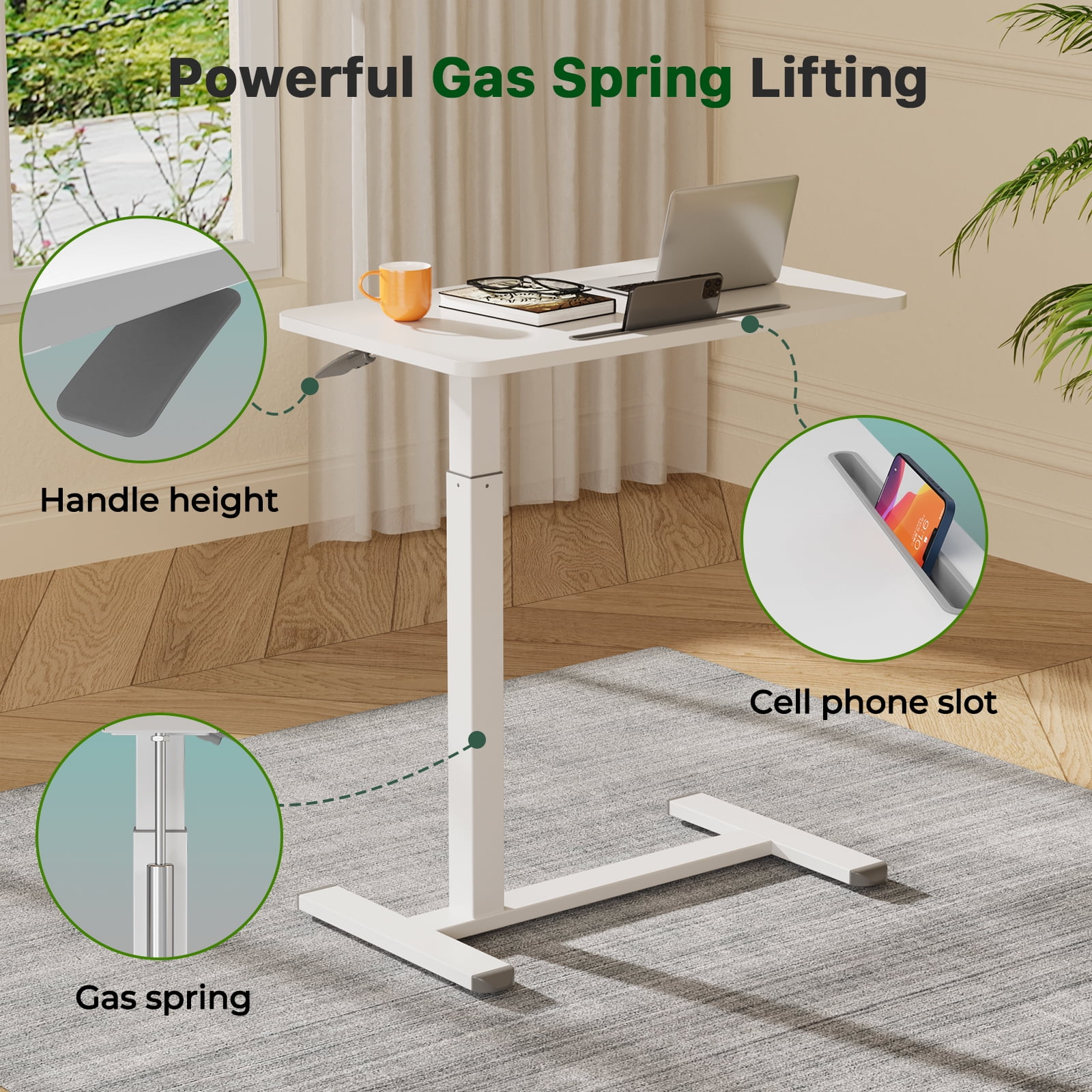 Mobile Standing Desk 27.5inch Adjustable Overbed Bedside Table With Hidden Wheels for Hospital, White
